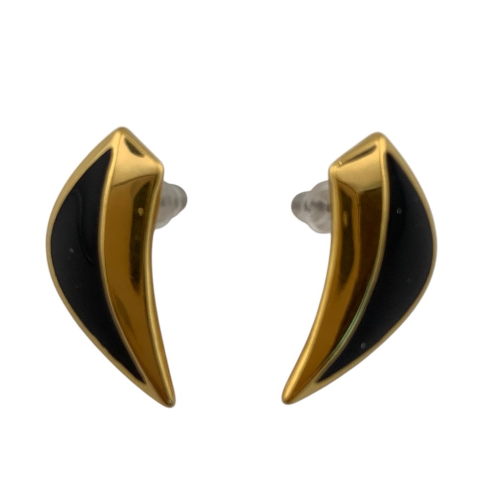 MONET POST GOLD PLATE BLACK ENAMEL WING TRIANGLE EARRINGS VINTAGE SIGNED 1"